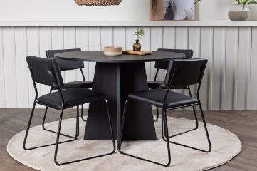 Imagine Masa de dining rotunda Bootcut - Negru / Negru Fanéer + Scaun Kenth - Negru / Piele neagră PU _4