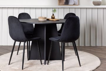 Imagine Masa de Dining Bootcut rotunda - Negru / Faner negru + Scaun de Dining Polar - Picioare negre / Catifea neagră _4