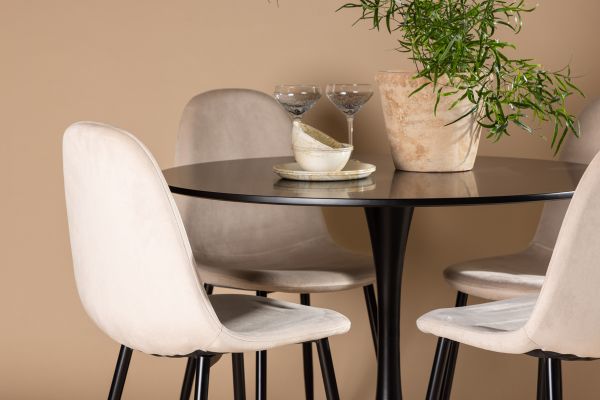 Imagine Masa de dining Glade - MDF negru / Negru + Scaun de dining Polar - picioare negre / Catifea bej _4