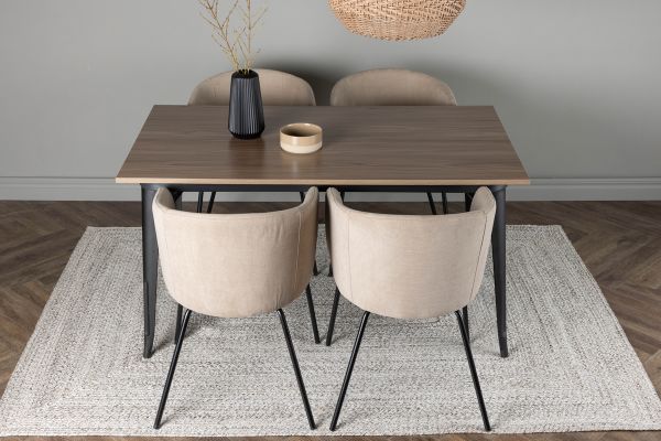 Imagine Masa de dining Tempe - Negru / MDF nuc + Scaun Berit - Negru / Stofa Bej (Linen poliester)_4