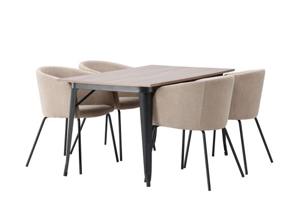 Imagine Masa de dining Tempe - Negru / MDF nuc + Scaun Berit - Negru / Stofa Bej (Linen poliester)_4