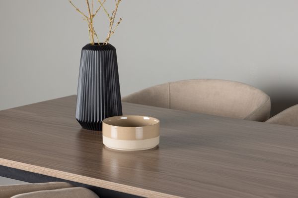 Imagine Masa de dining Tempe - Negru / MDF nuc + Scaun Berit - Negru / Stofa Bej (Linen poliester)_4