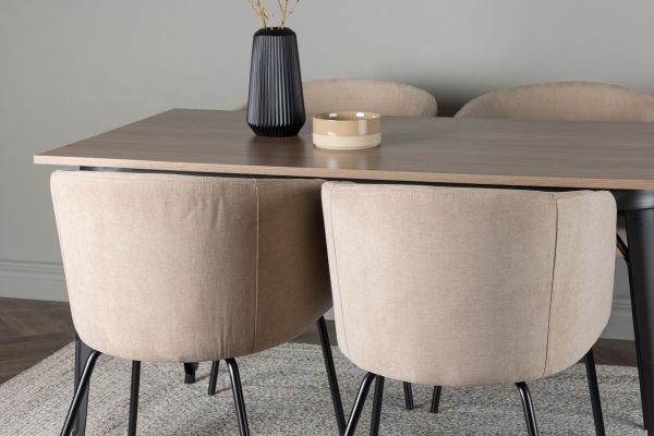 Imagine Masa de dining Tempe - Negru / MDF nuc + Scaun Berit - Negru / Stofa Bej (Linen poliester)_4