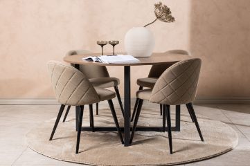 Imagine Masa de dining Durango - Negru / Nuc MDF + Scaun cu cusaturi din catifea - Negru / Material bej (poliester lană) _4