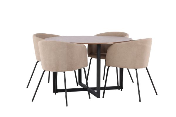 Imagine Masă de dining Durango - MDF negru / nuc + Scaun Berit - Negru / Stofă bej (Linen poliester) _4