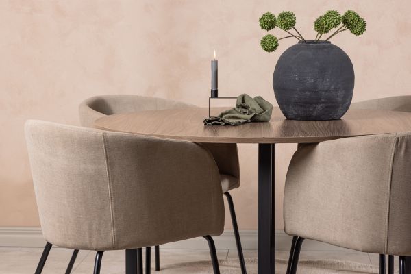 Imagine Masă de dining Durango - MDF negru / nuc + Scaun Berit - Negru / Stofă bej (Linen poliester) _4