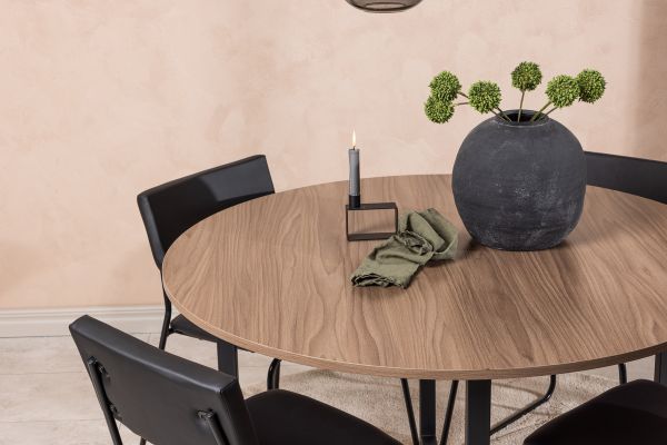 Imagine Masă de dining Durango - Negru / MDF Nuc + Scaun Kenth - Negru / Piele PU Neagră _4