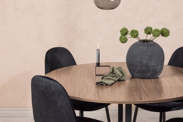 Imagine Masa de dining Durango - Negru / MDF nuc + Scaun de dining Polar - Picioare negre / Catifea neagra _4