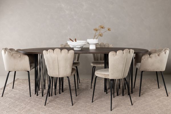 Imagine Dining Table de formă ovală din piatră - Negru / Furnir de Mocca + Scaun Limhamn Light_4 + Scaun Limhamn - Negru / Catifea Bej_2