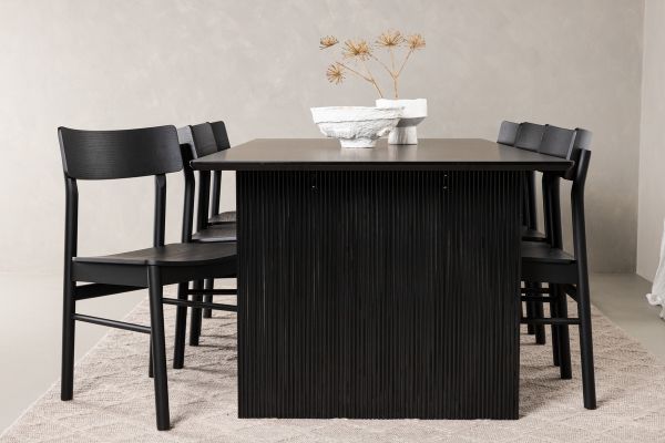 Imagine Masa de dining Vail - Negru / Negru Fumuriu MDF + Scaun de dining Montros - Natural / Natural Lemn de Caucho