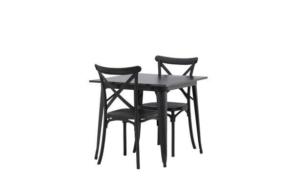 Imagine Masa de dining Tempe - Negru / MDF negru + 2 scaune de dining Crosett - Negru mat / Plastic negru mat