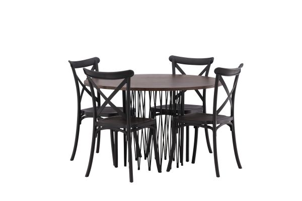 Imagine Masa de dining rotunda Stone - Negru / Furnir Mocca + Scaun de dining Crosett - Negru mat / Plastic negru mat _4