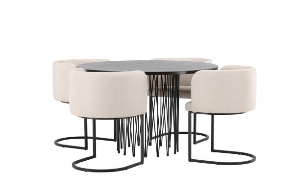 Imagine Masa de dining rotundă - Negru / Furnir de Mocca + Scaun de dining Simrishamn - Negru / Bej din material textil TC _4