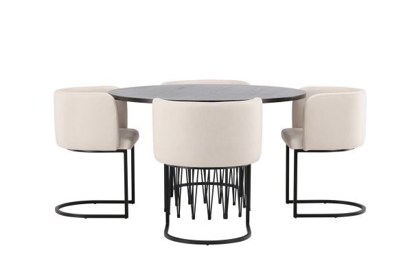 Imagine Masa de dining rotundă - Negru / Furnir de Mocca + Scaun de dining Simrishamn - Negru / Bej din material textil TC _4