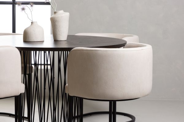 Imagine Masa de dining rotundă - Negru / Furnir de Mocca + Scaun de dining Simrishamn - Negru / Bej din material textil TC _4