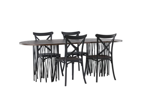 Imagine Masa ovala de dining Stone - Negru / Furnir de Mocca + Scaun de dining Crosett - Negru mat / Plastic negru mat _ 4