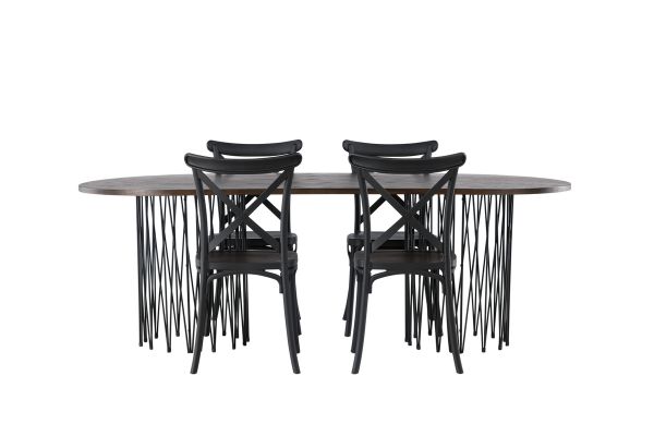 Imagine Masa ovala de dining Stone - Negru / Furnir de Mocca + Scaun de dining Crosett - Negru mat / Plastic negru mat _ 4