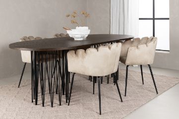 Imagine Masa ovala de dining Stone - Negru / Furnir Mocca + Scaun Limhamn - Negru / Catifea Bej _4