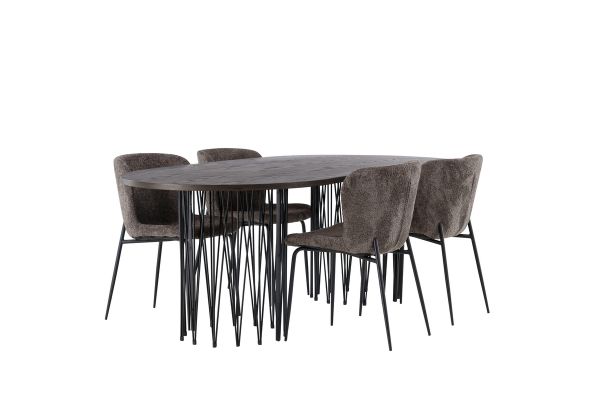 Imagine Masa de dining ovala din piatra - Negru / Furnir Mocca + Scaun de dining Modesto - Gri / Boucle Negru Fumat