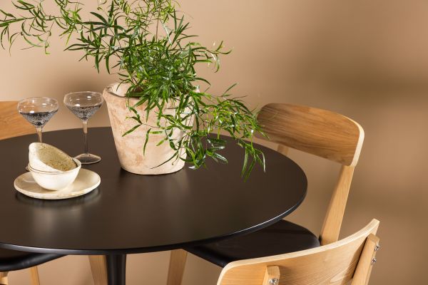 Imagine Masa de dining Glade - Negru / MDF negru + Scaun de dining Sanjos - Aspect de stejar / PU negru _4