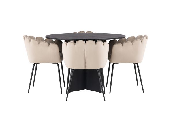 Imagine Masa de dining rotunda Bootcut - Negru / Faner Negru + Scaun Limhamn - Negru / Catifea Bej _4