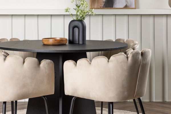 Imagine Masa de dining rotunda Bootcut - Negru / Faner Negru + Scaun Limhamn - Negru / Catifea Bej _4