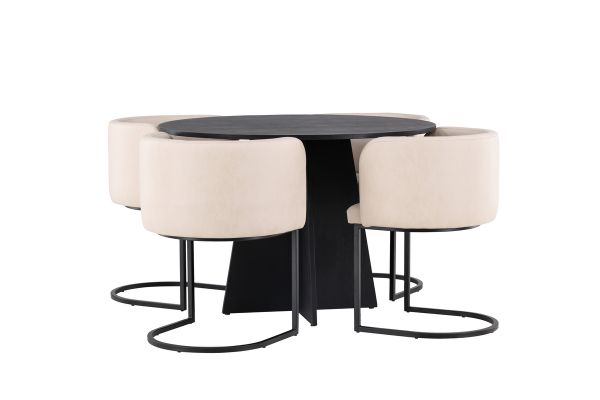 Imagine Masa de dining rotunda Bootcut - Negru / Faner negru + Scaun de dining Simrishman - Negru / Bej din tesatura TC - set de 4