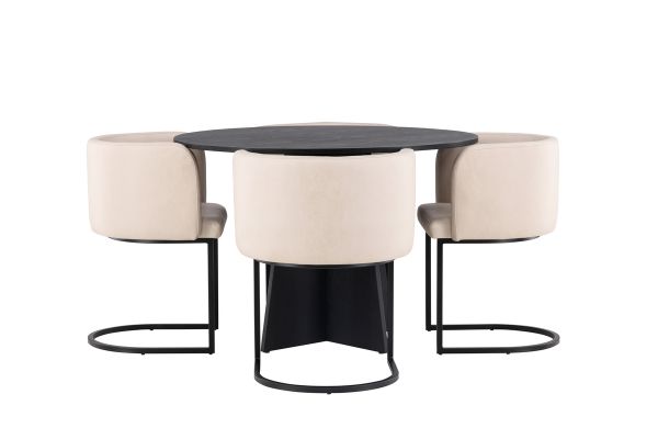 Imagine Masa de dining rotunda Bootcut - Negru / Faner negru + Scaun de dining Simrishman - Negru / Bej din tesatura TC - set de 4