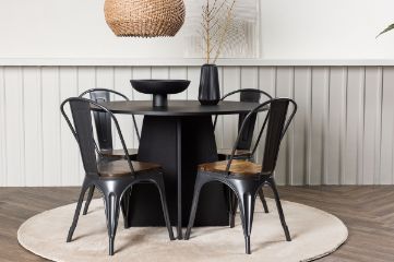 Imagine Masa de dining rotunda Bootcut - Negru / Faner negru + Scaun de dining Tempe - Gri inchis / MDF Maro inchis _4