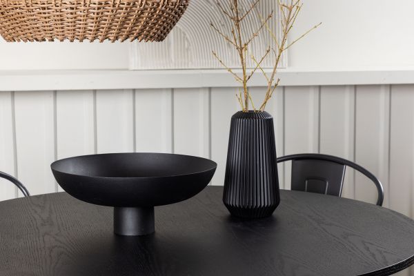 Imagine Masa de dining rotunda Bootcut - Negru / Faner negru + Scaun de dining Tempe - Gri inchis / MDF Maro inchis _4