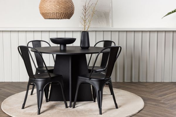 Imagine Masa de dining rotunda Bootcut - Negru / Faner negru + Scaun de dining Tempe - Negru mat / Metal _4