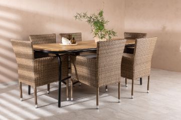 Imagine Masa de Dining Holmbeck din Oțel - Negru / Rectangular 90*200*75 + Scaun de Dining Malina din Aluminiu - Natural / Ratan *6