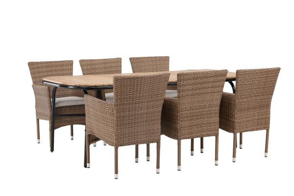 Imagine Masa de Dining Holmbeck din Oțel - Negru / Rectangular 90*200*75 + Scaun de Dining Malina din Aluminiu - Natural / Ratan *6