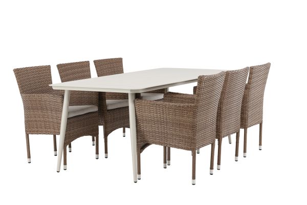 Imagine Masa de dining Lina - Bej - 200*90 + Scaun de dining Malina Aluminiu - Natură / Ratan - 6