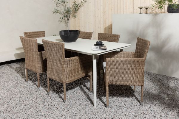 Imagine Masa de dining Lina - Bej - 200*90 + Scaun de dining Malina Aluminiu - Natură / Ratan - 6