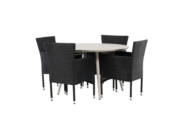 Imagine Masa de dining Lina - Bej - Rotund 120 cm + Scaun de dining Malina Aluminiu - Negru / Ratan - 4