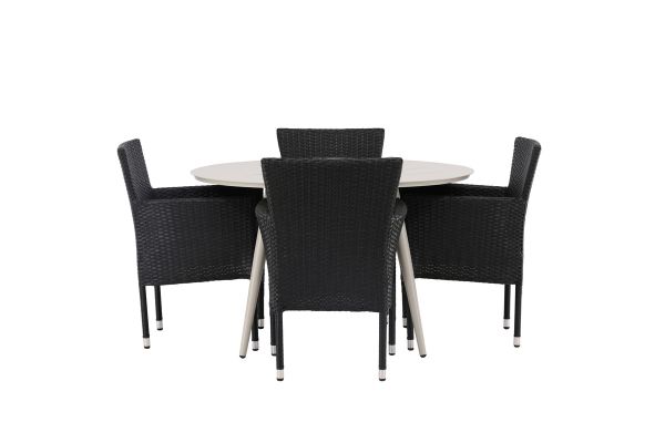 Imagine Masa de dining Lina - Bej - Rotund 120 cm + Scaun de dining Malina Aluminiu - Negru / Ratan - 4