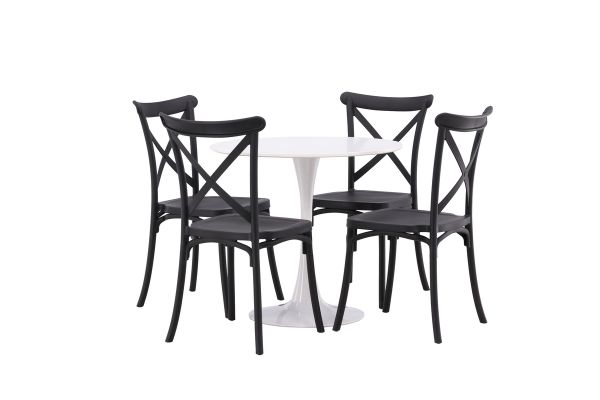 Imagine Masa de dining Hamden - MDF alb + 4 scaune de dining Crosett - Negru mat / Plastic negru mat