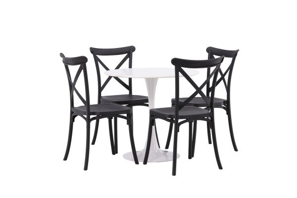 Imagine Masa de dining Hamden - MDF alb + 4 scaune de dining Crosett - Negru mat / Plastic negru mat