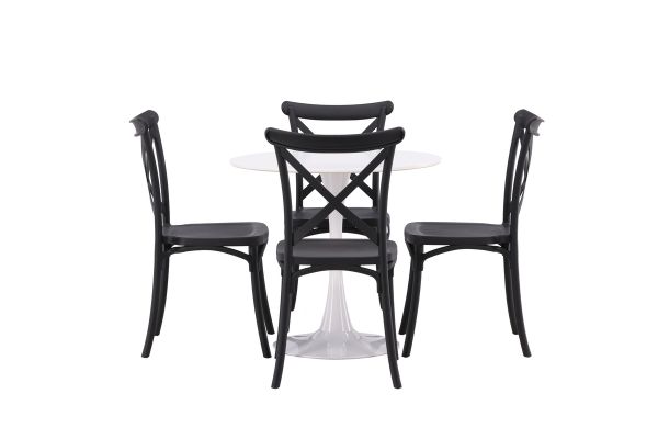 Imagine Masa de dining Hamden - MDF alb + 4 scaune de dining Crosett - Negru mat / Plastic negru mat