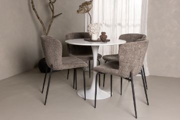 Imagine Masa de dining Hamden - MDF alb + Scaun de dining Modesto - Gri / Boucle Negru Fumat_4