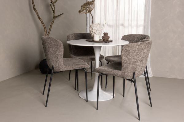 Imagine Masa de dining Hamden - MDF alb + Scaun de dining Modesto - Gri / Boucle Negru Fumat_4