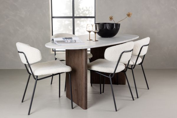 Imagine Masa de dining Grönvik 180*75 - Mocca / Offwhite Concretelook MDF + 4 scaune de dining Chico - Black / White Boucle