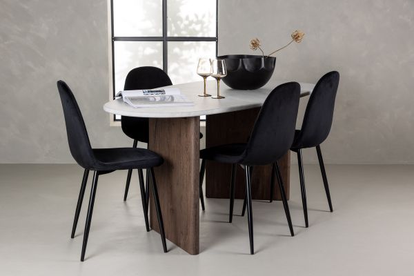 Imagine Masa de dining Grönvik 180*75 - Mocca / Offwhite Concretelook MDF + Scaun de dining Polar - Picioare negre / Catifea neagră _4