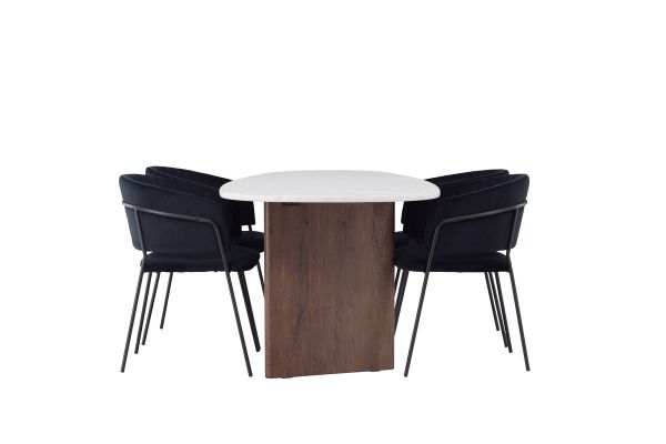 Imagine Masa de dining Grönvik 180*75 - Mocca / Offwhite Aspect de beton MDF + 4 scaune de dining Selma - Negru / Catifea Neagra