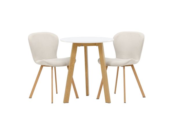 Imagine Masa de dining Leonora φ65 - aspect de stejar / MDF alb + 2 scaune de dining Lilja - aspect de stejar / material textil bej