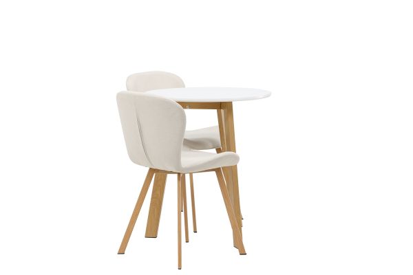 Imagine Masa de dining Leonora φ65 - aspect de stejar / MDF alb + 2 scaune de dining Lilja - aspect de stejar / material textil bej