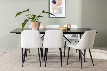 Imagine Masa de dining Astrid 200*75 - Negru mat / MDF cu furnir negru mat + 6 scaune de dining Night - Negru / PU alb