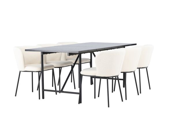 Imagine Masa de dining Astrid 200*75 - Negru mat / MDF negru mat cu furnir + Scaun de dining Edina - Negru / Alb Boucle _6