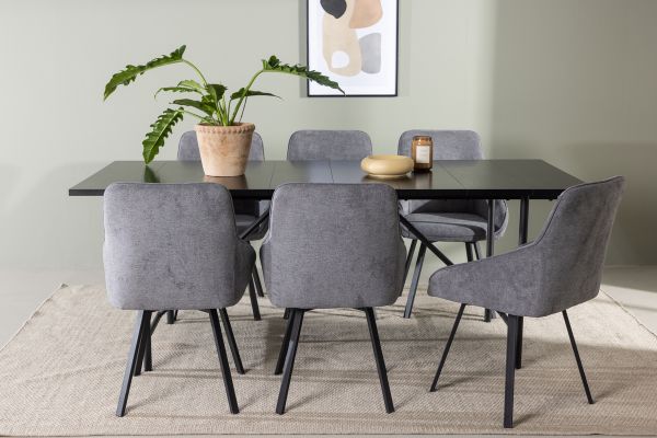 Imagine Masa de dining Astrid 200*75 - Negru mat / MDF negru mat cu furnir + Scaun de dining Rosie - Negru / Material gri închis _6